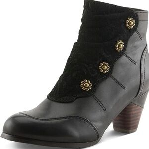 L’artiste Black Ankle Boots with Gold Floral Buttons